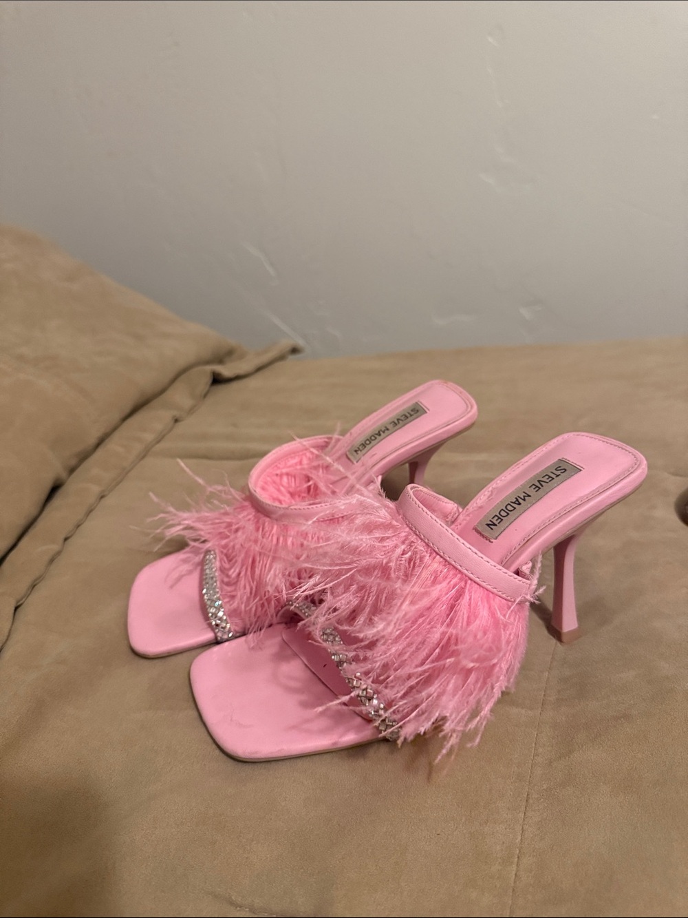 Steve Madden Pink Feather Slide Heels with Rhinestone Strap